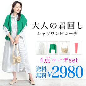 送料無料 【4点　2980円】春コーデset福袋 2024 春に使える 着回し シャツワンピ スウェット クロップド丈 ショート丈 2WAYバッグ ロングワンピ　ストライプ　ホワイト　[8028]【3980円以上送料無料】