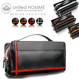 【United HOMME】ユナイテッドオムクロスライン×馬革メンズダブルファスナーセカンドバッグインレイ加工技術ホースレザーメンズ鞄ツインダブルジップ