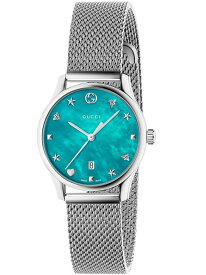 GUCCI YA126582 G-TIMELESS LADIES WATCHSAPPHIRE TURQUIOSE MATHER OF PEARL DIALSIVER MESH BRACELETグッチ G-タイムレス レディース腕時計サファイア ターコイズマザーオブパールダイヤルシルバーメッシュブレスレット※取寄品