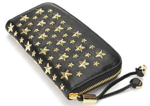 JimmyChooFILIPACSTSTARSTUDSBLACK×GOLDジミーチュウラウンドファスナー長財布カーフスタースタッズブラック×ゴールド