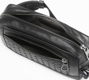 BOTTEGAVENETA368899-VQ121-1000ボッテガヴェネタイントレチャートカーフベルトバッグウエストバッグボディバッグソフトカーフレザーブラック×ガンメタ