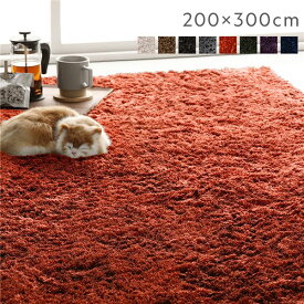 洗える シャギーラグ 約200×300cm 約4畳 オレンジ 長方形 ホットカーペット対応 床暖房対応 オールシーズン すべり止め付き