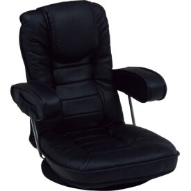 座椅子 パーソナルチェア 約幅60cm ブラック 回転式 跳ね上げ式 肘付き 背部14段 リクライニング 頭部枕付 スチールパイプ