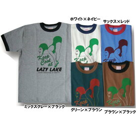 全国どこでも 送料無料 ！春夏新作！【CUSHMAN】30天竺リンガーTee　 LAZY　LAKE　コットン100％【クッシュマン】メンズ＆レディース 半袖Tシャツ