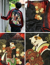 全国どこでも送料無料!!2018年秋冬新作!!【花旅楽団】猫花魁刺繍スカジャン【SCRIPT】メンズ&レディース和柄ブラック