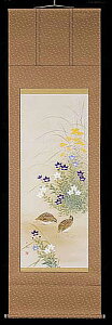 掛け軸 秋草に鶉 出口華凰 美術年鑑掲載作家 尺五 掛軸 全国送料無料 【smtb-k】【ky】
