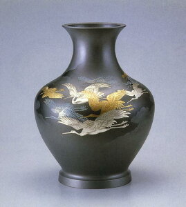13号　大寿形　千羽鶴　山本 秀峰　花瓶　花器　床の間　置物　銅製　ブロンズ　送料無料