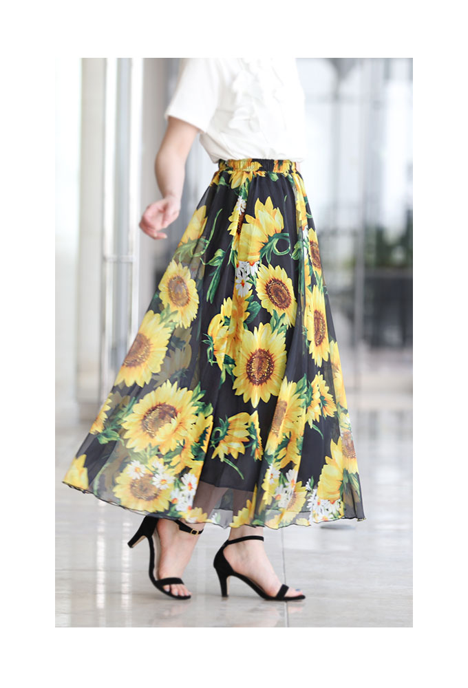 楽天市場】美しく透き通るひまわり柄のシフォンフレアスカート 