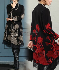 草花立ち昇るレース付きニットワンピース レディース 長袖 ハイネック ボトルネック 膝丈 花柄 レッド 赤 ベージュ 春 春服 秋 秋服 冬 冬服 通年 30代 40代 50代 60代 サワアラモード sawaalamode otona 大人 kawaii 可愛い 洋服 かわいい服 ◆alamode