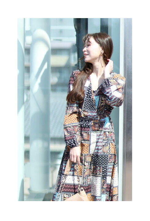 楽天市場】パッチワーク風柄合わせのふんわり袖ロングワンピース  