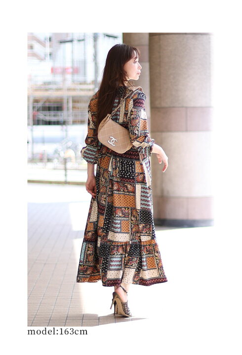 楽天市場】パッチワーク風柄合わせのふんわり袖ロングワンピース  