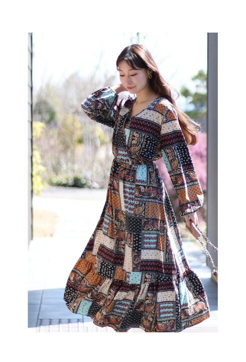 楽天市場】パッチワーク風柄合わせのふんわり袖ロングワンピース  