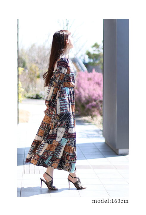 楽天市場】パッチワーク風柄合わせのふんわり袖ロングワンピース  