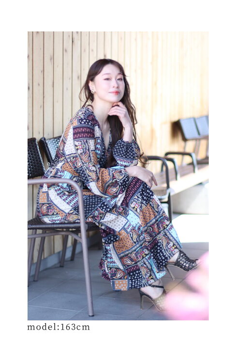 楽天市場】パッチワーク風柄合わせのふんわり袖ロングワンピース  