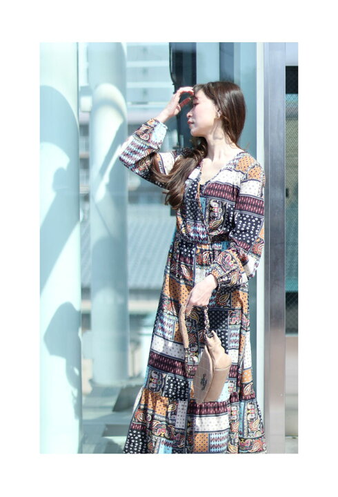 楽天市場】パッチワーク風柄合わせのふんわり袖ロングワンピース  