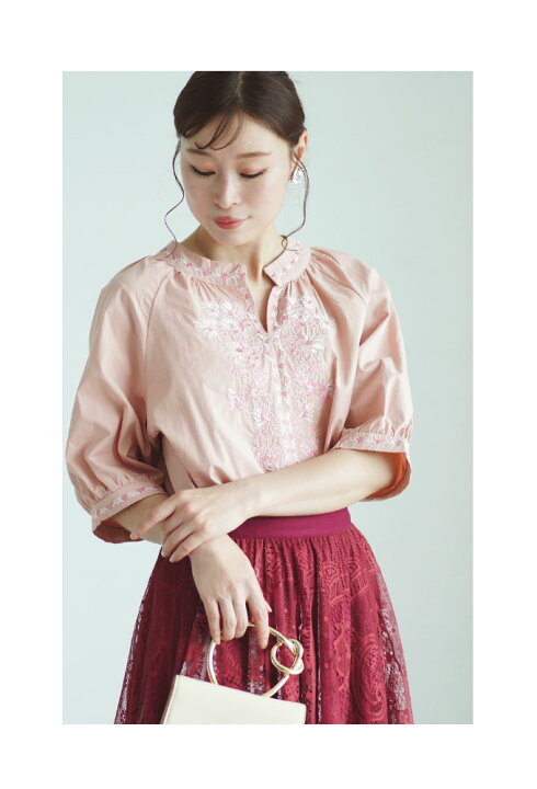 楽天市場】ときめくピンクの草花刺繍コットンシャツブラウス  