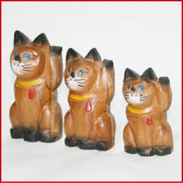ネコの木彫り置物（3個セット）<br>猫<BR>エスニック木彫り<br