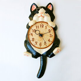 振り子時計 掛け時計 アナログ ハチワレ猫 陶器 掛時計 日本製 和室 ネコ 猫 ハンドメイド 日本製 和室 福福 新築祝い 開店祝い Y9861　(CY-Y9861hachi)