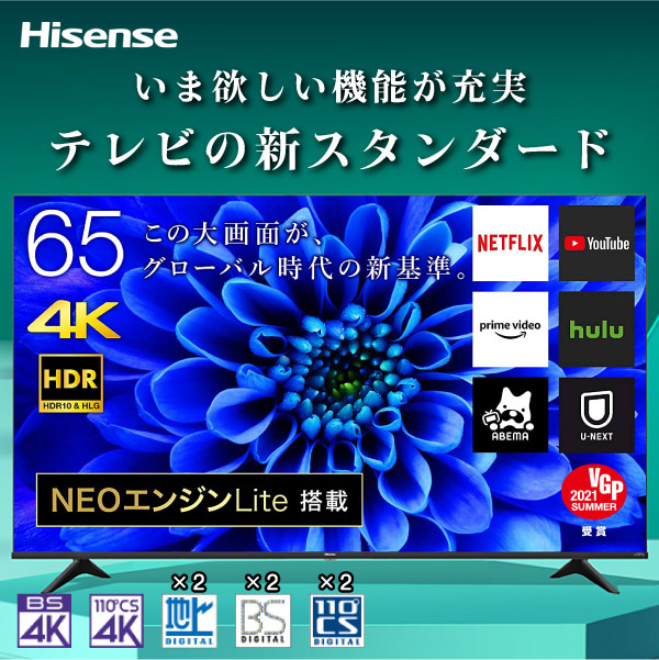 65インチ 4Kテレビ Hisense ハイセンス 65E6G 65V型 65型 地上 BS CS