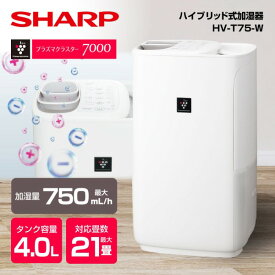 加湿器 約4L シャープ HV-T75-W プレミアムホワイト ハイパワータイプ SHARP ハイブリッド式加湿器 木造12.5畳 プレハブ洋室21畳まで プラズマクラスター7000 どっちも給水 お手入れ簡単 清潔 エコモード コンパクト 温度・湿度Wセンサー フィルター乾燥機能 HVT75 hvt75