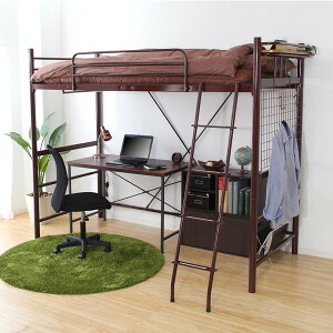 ロフトベッド ハイタイプ シングル ブラウン 高さ調整可能 宮付き コンセント付き 棚付き パイプベッド シングルベッド 子供部屋 一人暮らし ベッド 金属製 ORCHIS-オーキス- HT70-94 ホームテイ