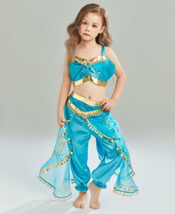 女の子 ベリーダンス衣装 ジャスミン お姫様 ベリー 演出服 袖なし パンツセット ジャスミン ハロウィン コスプレ衣装 アラビアン仮装 ベリーレッスン着 発表会 コスチューム ブルー