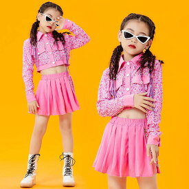 キッズダンス衣装 ピンク ジャズダンス hiphop jazz チアガール 演出服 長袖シャツ スパンコールシャツ フリルスカート プリーツスカート セット 個性 モデルショー衣装 ステージ衣装 ピンク