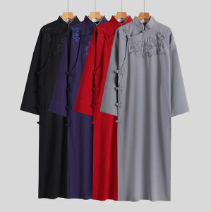 中華服 メンズ チャイナ服 ロング丈チャイナドレス 交領 チャンパオ 長袍 唐装 漢服 男性 武術服 中国伝統衣装 漫才ウェア カンフーウェア コスチューム 立ちカラー 4色