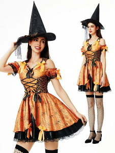 ハロウィン コスプレ 衣装 大人 ハロウィンドレス 膝丈 カボチャドレス オレンジ レディース ハロウィン コスチューム 魔女 精霊 幽霊 お化け 変身仮装 2点セット ドレス+帽子