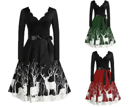 クリスマスワンピース レディースクリスマス衣装 長袖大きい裾ドレス トナカイ 鹿 Vネック クリスマスドレス スリムドレス リボンワンピース Merry Christmas ダンス衣装 大きいサイズ 3色