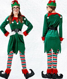 レディースクリスマス衣装 ストライプ柄 レギンス 緑ドレス サンタ コスプレ 女性 クリスマス コスプレ スコスチューム 精霊 変身仮装 ベルト付き 靴下 帽子 6点セット（1938）