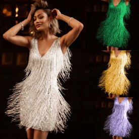 ラテンドレス 光沢 ドレス レディース セクシー ドレス キラキラ フリンジ付き キャミソールドレス 女性 ダンス衣装 パーティードレス 舞台衣装 ステージウェア 4色