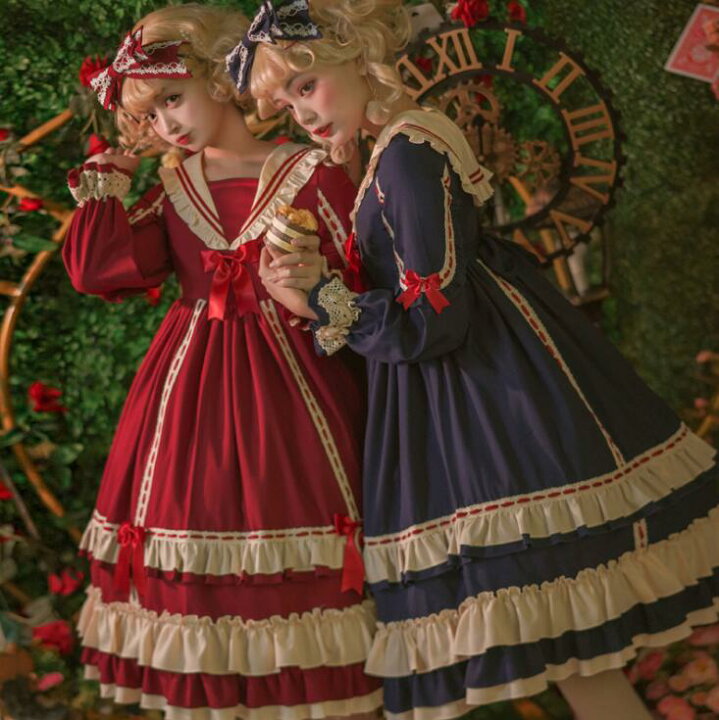 楽天市場】長袖ロリータワンピース ロング丈 ティアードドレス ミモレ  