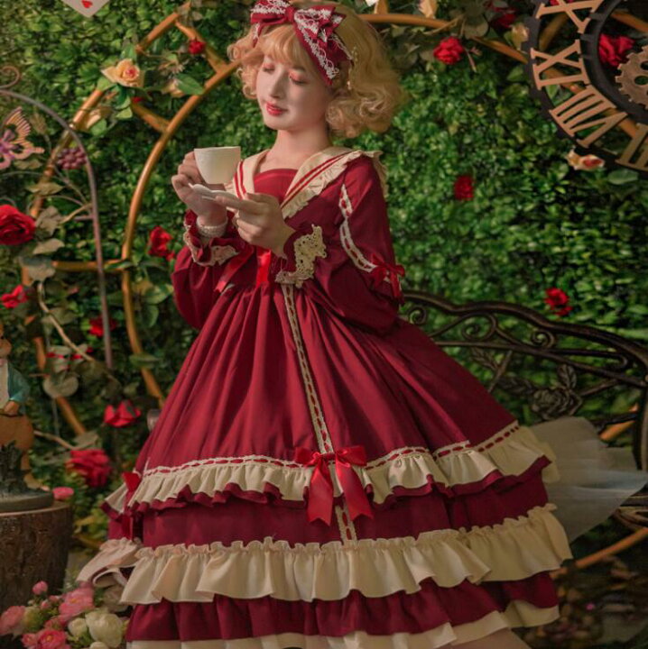 楽天市場】長袖ロリータワンピース ロング丈 ティアードドレス ミモレ  