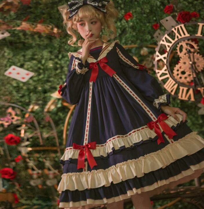 楽天市場】長袖ロリータワンピース ロング丈 ティアードドレス ミモレ  