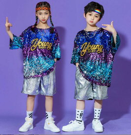 キッズダンス衣裳 ジャズ ヒップホップ 子供 ダンス衣装 キラキラ スパンコール 半袖Tシャツ 半ズボン 学園祭 体育祭 ステージ衣装 個性 かっこいい 男女兼用 演出服 上下セット