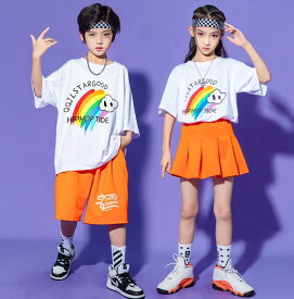 子供服 キッズダンス衣装 ジャズ ヒップホップ セットアップ 半袖Tシャツ 半ズボン/プリーツスカート 男女お揃い 個性舞台演出服 子供 夏服 体育祭 チアガール 可愛いステージ衣装 オレンジ 2点セット