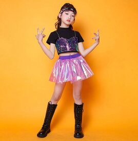 女の子ダンス衣装 ジャズ ヒップホップ スパンコール 演出服 女の子 スカートセット スパンコールTシャツ フリルスカート jazz hiphop ステージ衣装 チアガール パープル