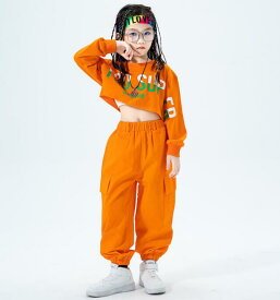 女の子ダンス衣装 ジャズ ヒップホップ へそ出しTシャツ カーゴパンツ 演出服 ダンスTシャツ hiphop jazz 学園祭 文化祭 体育祭 チア 個性 かっこいい ステージ衣装 オレンジ