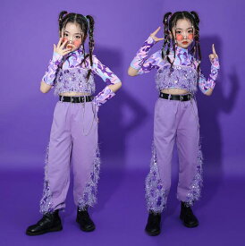 女の子 ジャズダンス 衣装 スパンコール 舞台衣装 フリンジ jazz hiphop ショー ダンス 衣装 サルエルパンツ ベスト 女の子 演出服 個性 迷彩柄 ステージ衣装 練習着 パープル