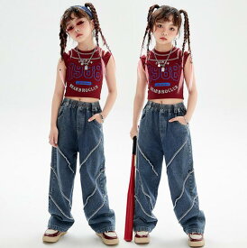 女の子 ダンス衣装 ジャズ ヒップホップ 演出服 デニムパンツ へそ出しベスト jazz hiphop 演出服 女の子 かっこいい ダンス衣装 デニムパンツ ジーンズ 個性 ステージ衣装 ワイン ブルー