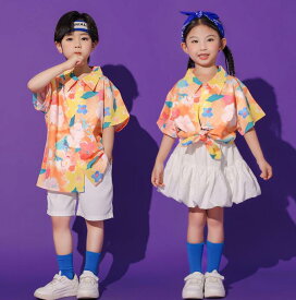 キッズ ダンス 衣装 花柄シャツ アロハシャツ 子供 ジャズ ヒップホップ 演出服 上下セット 練習服 子供服 プリーツスカート チアダンス 体育祭 子ども 男女お揃い 演出服 オレンジ
