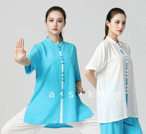 太極拳 服 レディース カンフーウェア 上下セット 半袖 太極拳服 茶服 武術服 中華服 チャイナ服 武術 太極拳 功夫 練功服 大極拳パンツ 文化祭 学園祭 イベント 演出服 チャイナボタン スポ