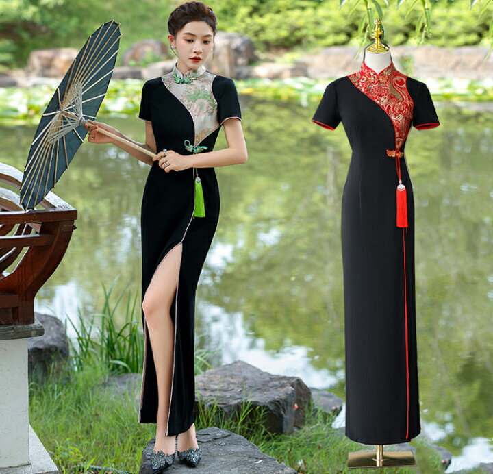 楽天市場】半袖 チャイナドレス スリット入り ロング丈 チーパオ 配色  