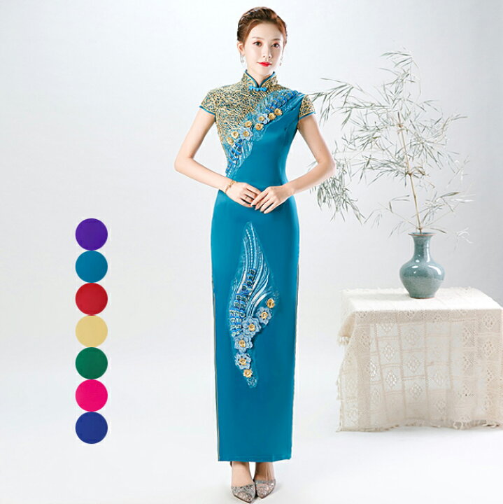楽天市場】細身 チャイナドレス ロング丈 豪華刺繍花柄 半袖 チャイナ  