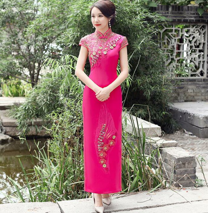楽天市場】細身 チャイナドレス ロング丈 豪華刺繍花柄 半袖 チャイナ  