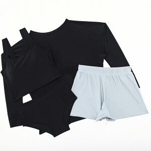 【タンキニ水着4点セット】レディース 体型カバー 長袖シャツ ラッシュガード セパレート ビキニ 大きいサイズ 20/30/40/50代 ミセス ショートパンツ ビスチェ風 黒 無地 小胸 盛れる 二の腕/お