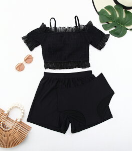 【ビキニ水着3点セット】レディース 体型カバー オフショルダー トップス 異素材 タンキニ風 セパレート ハイウエスト ショートパンツ 短パン 大きいサイズ 無地 小胸 盛れる お腹/太もも/