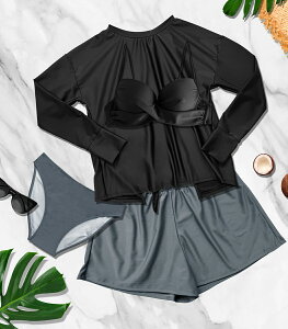 【ビキニ水着4点セット】レディース 体型カバー 長袖シャツ ラッシュガード セパレート バンドゥ バックシャン リボン ショートパンツ 大きいサイズ 20/30/40/50代 無地 小胸 盛れる 二の腕/お