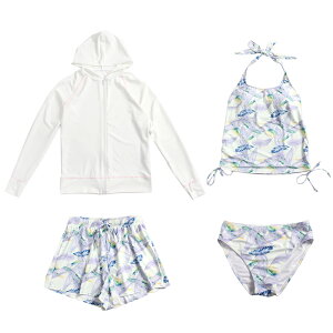 【タンキニ水着4点セット】レディース 体型カバー 長袖 ラッシュガード セパレート 大きいサイズ 10/20/30/40/50代 ミセス ショートパンツ フロントジッパー 無地 小胸 盛れる 二の腕/お腹/太も